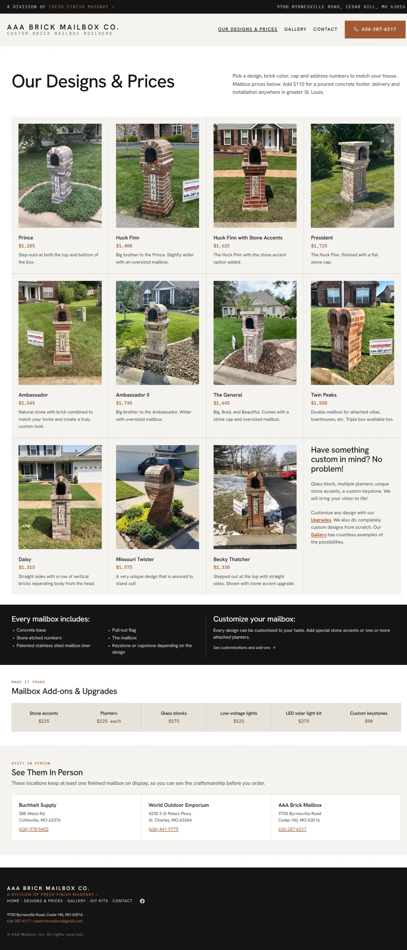 The new Designs & Prices page on desktop: the heading 'Our Designs & Prices' above a four-column grid of mailbox models, each with a photo, name, price and short description, followed by what every mailbox includes, add-on and upgrade pricing, and showroom locations where finished mailboxes are on display.