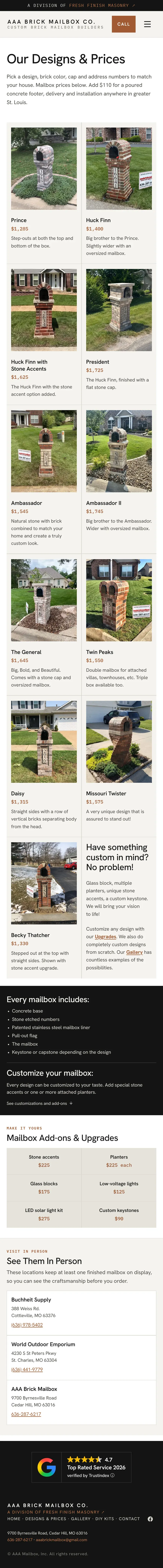 The new Designs & Prices page on a phone: a scrolling list of mailbox model cards, each with a photo, name, price and short description, followed by what's included, customization add-on pricing, and showroom locations where finished mailboxes are on display.