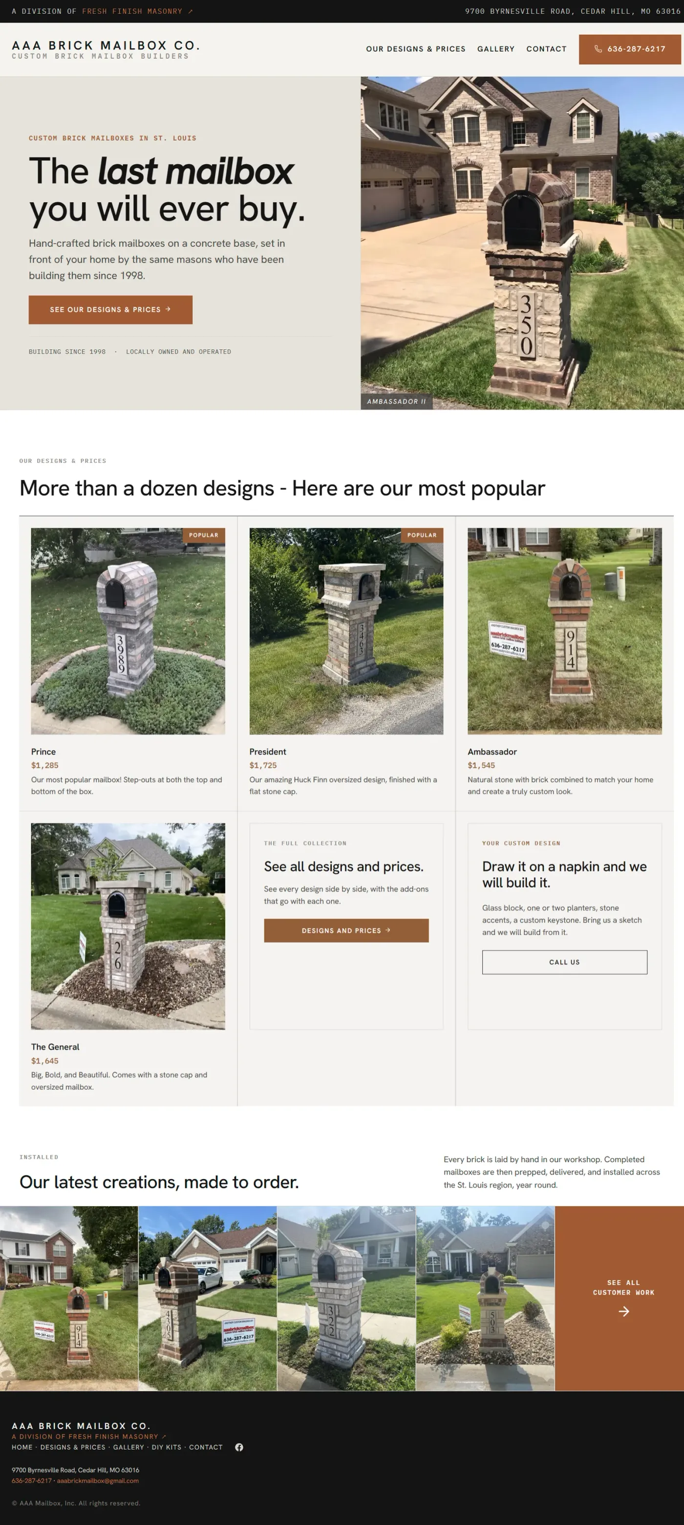 The new AAA Brick Mailbox homepage on desktop: a header with the company name and phone number, a hero photo of an installed stone mailbox beside the headline 'The last mailbox you will ever buy,' and a row of the most popular mailbox designs with prices below it.