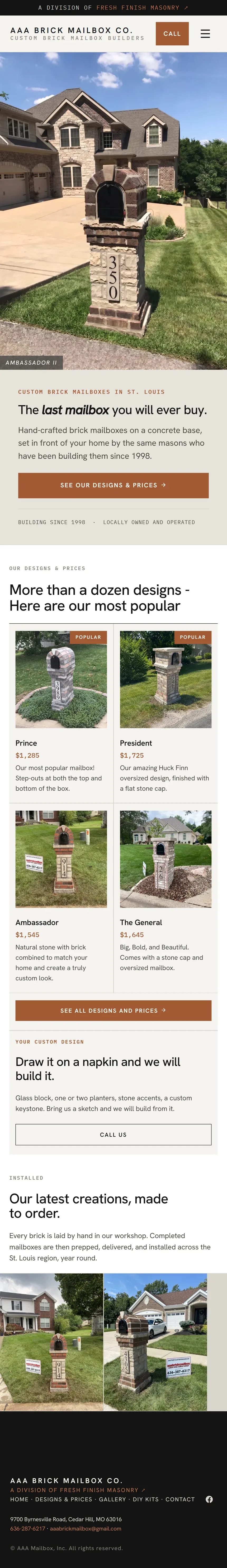 The new AAA Brick Mailbox homepage on a phone: a full-width photo of an installed stone mailbox, the headline 'The last mailbox you will ever buy,' a single call-to-action button, and a grid of popular mailbox designs with prices below it.