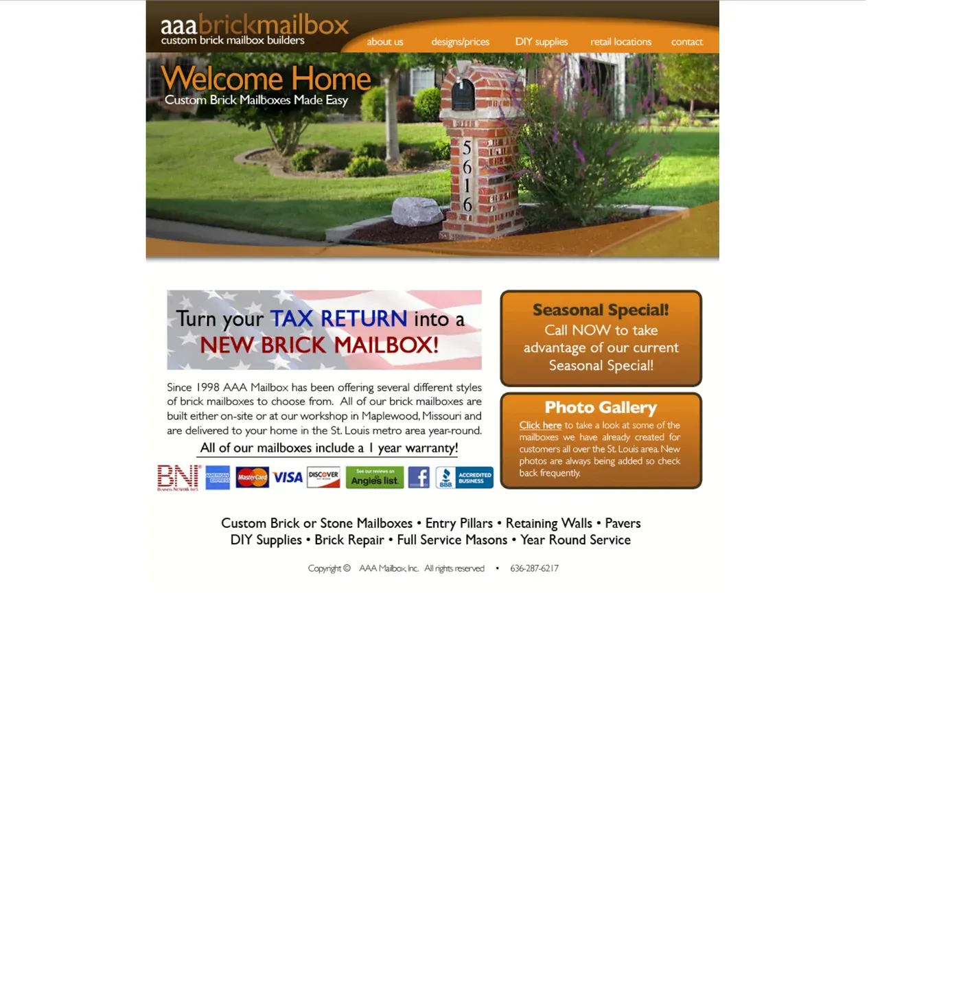 The old AAA Brick Mailbox homepage on a desktop screen: a fixed-width page filling only part of the window, with an orange header and navigation, a 'Welcome Home' banner photo of a brick mailbox, a tax-return promotional graphic, seasonal-special and photo-gallery call-out boxes, a row of payment and review-site logos, and a list of services above the footer's copyright line and phone number.