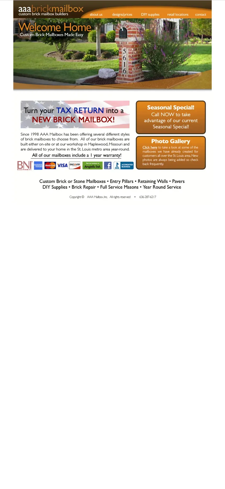The old AAA Brick Mailbox homepage on a phone, unchanged from its desktop layout: a tightly packed orange header and navigation, a 'Welcome Home' banner, and a tax-return promotional graphic, all far too small to read without zooming.