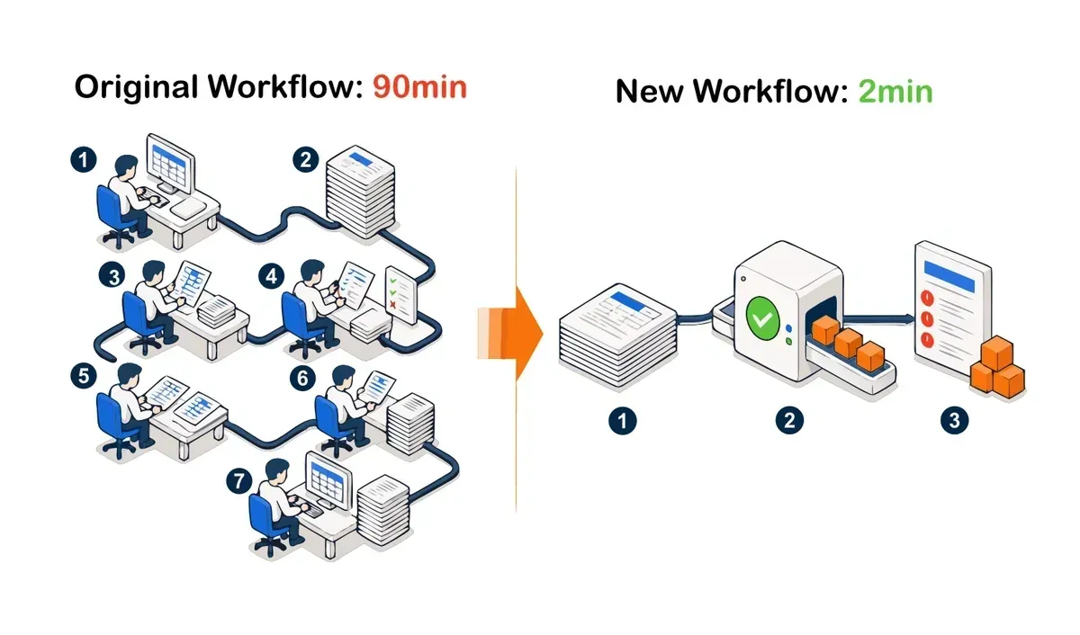 Side-by-side workflow diagram: the old audit ran seven manual steps in 90 minutes; the new one runs three in two minutes.